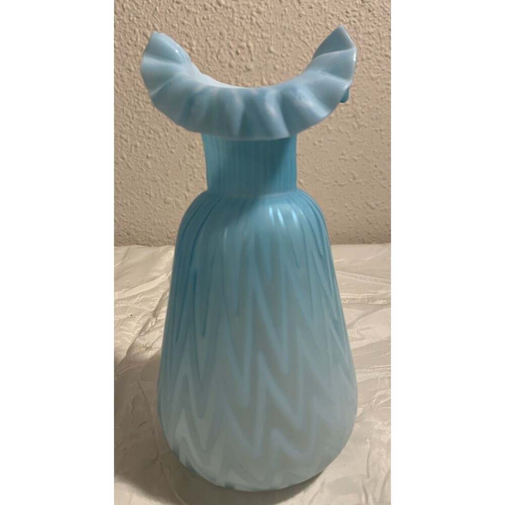 Antique Mt. Washington Blue Quilted Satin Vase Herringbone Ruffled Top Art Glass
